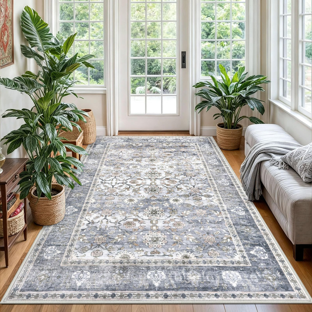 KUTA Vintage Floral Washable 2x3 Rugs for Entryway Blue Grey Beige