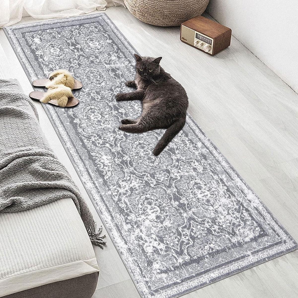 Vaukki Hallway Runner 2x6 ft, Grey Vintage Shaggy Soft Kitchen Rug