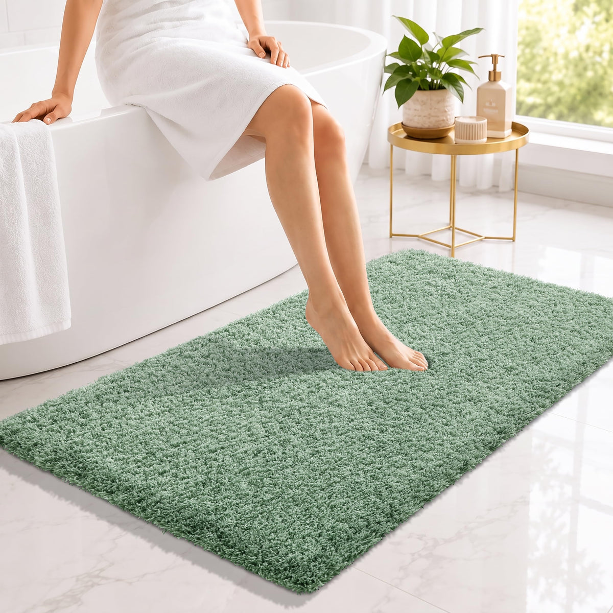 Yimobra Bathroom Rugs Non Slip Washable 32X20, Ultra Soft and Water Absorbent Bath Mats, Plush Fluffy Shower Mat Outside, Microfiber Thick Matts for Bathroom Floor/Tub, Light Gray and White