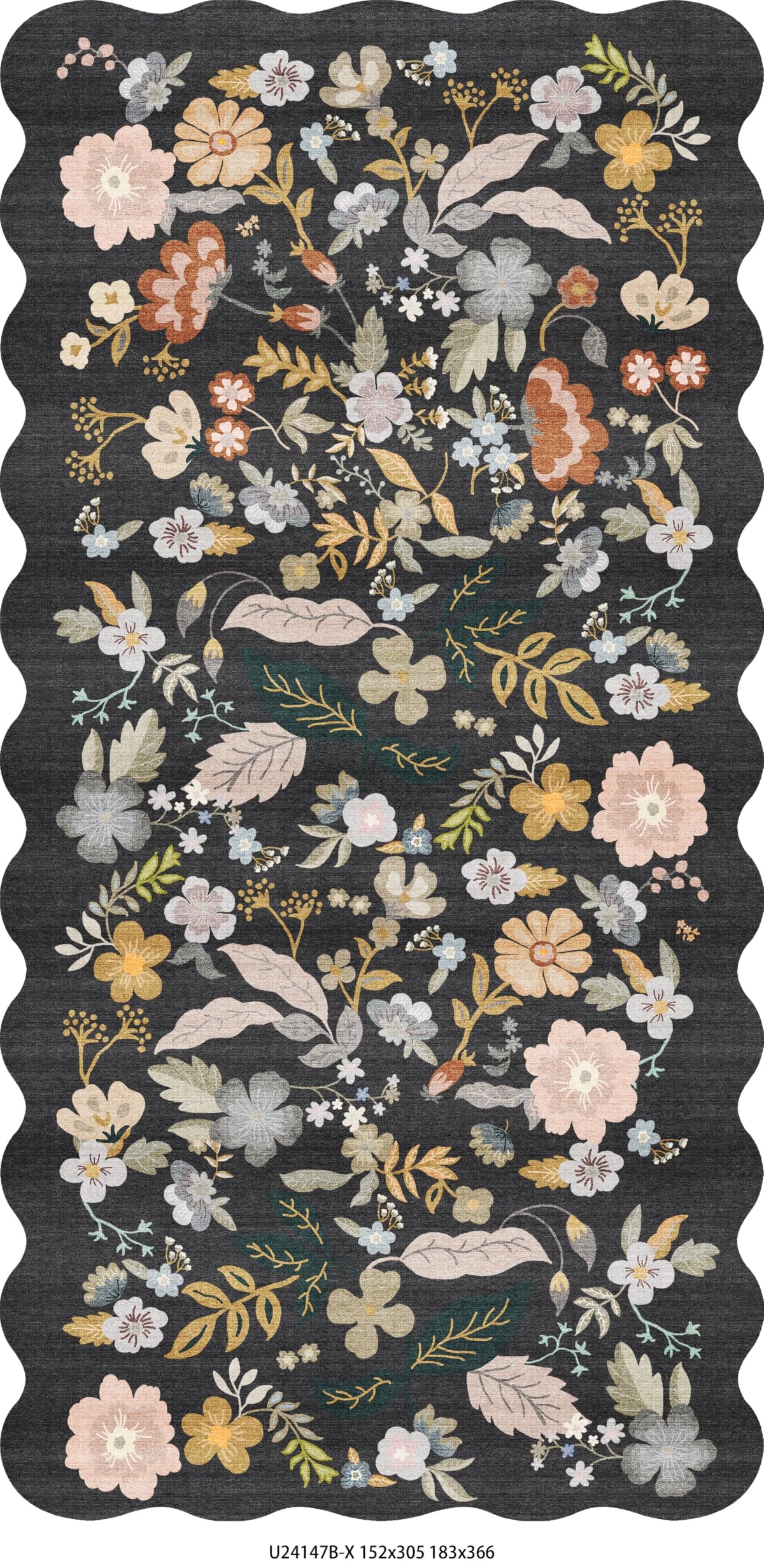 2x4 Rug Washable for Entryway - Non-Slip Scalloped Floral Throw Rug Black