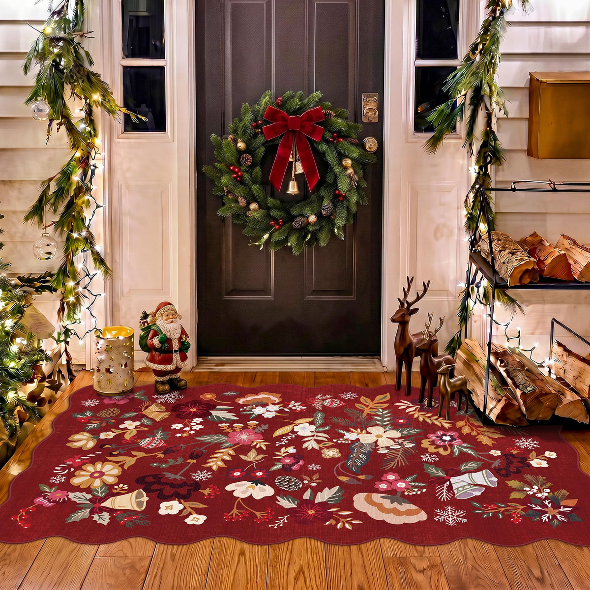 2x4 Rug Washable for Entryway - Non-Slip Scalloped Floral Throw Rug Black