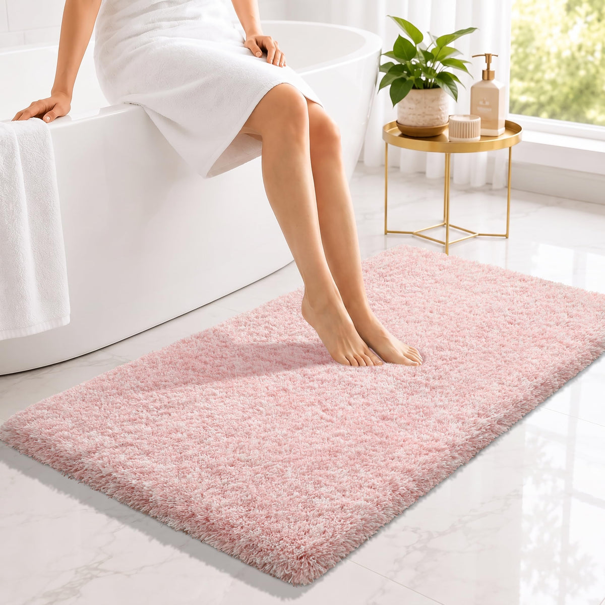 Yimobra Bathroom Rugs Non Slip Washable 32X20, Ultra Soft and Water Absorbent Bath Mats, Plush Fluffy Shower Mat Outside, Microfiber Thick Matts for Bathroom Floor/Tub, Light Gray and White
