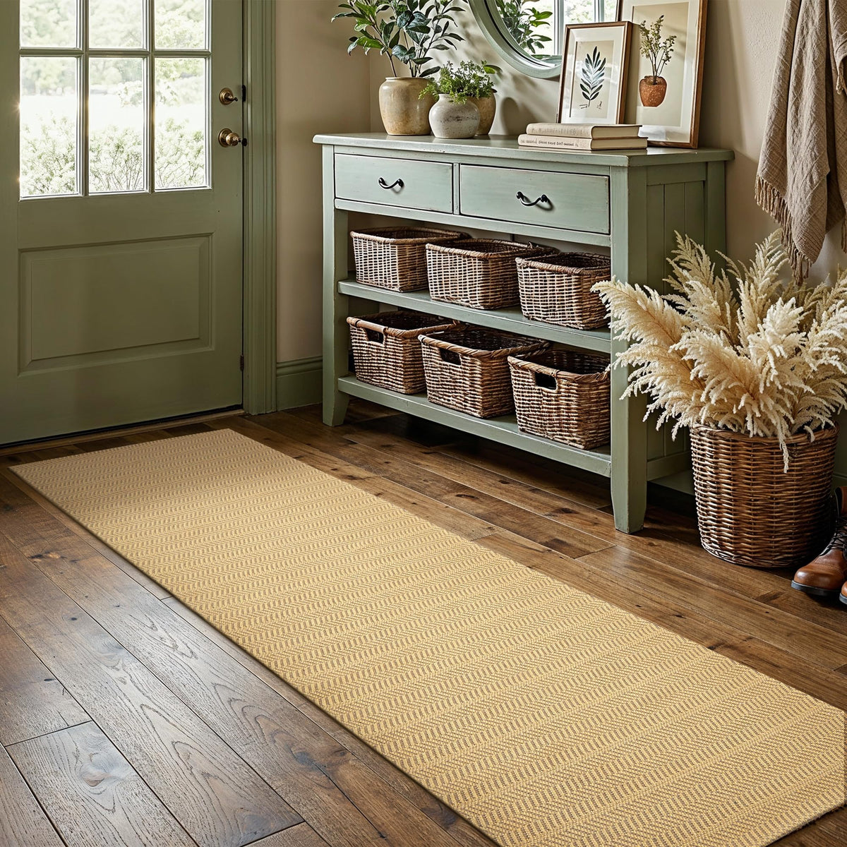 MatEssenz 2x4 ft Faux Linen Accent Rug, Washable Woven Textured Small Area Carpet for Bedside Porch, Slip Resistant Gel Backing Indoor Floor Mat for Bedroom Dorm, Khaki