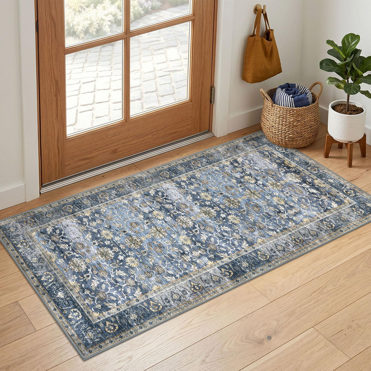 KUTA Vintage Floral Washable 2x3 Rugs for Entryway Blue Grey Beige