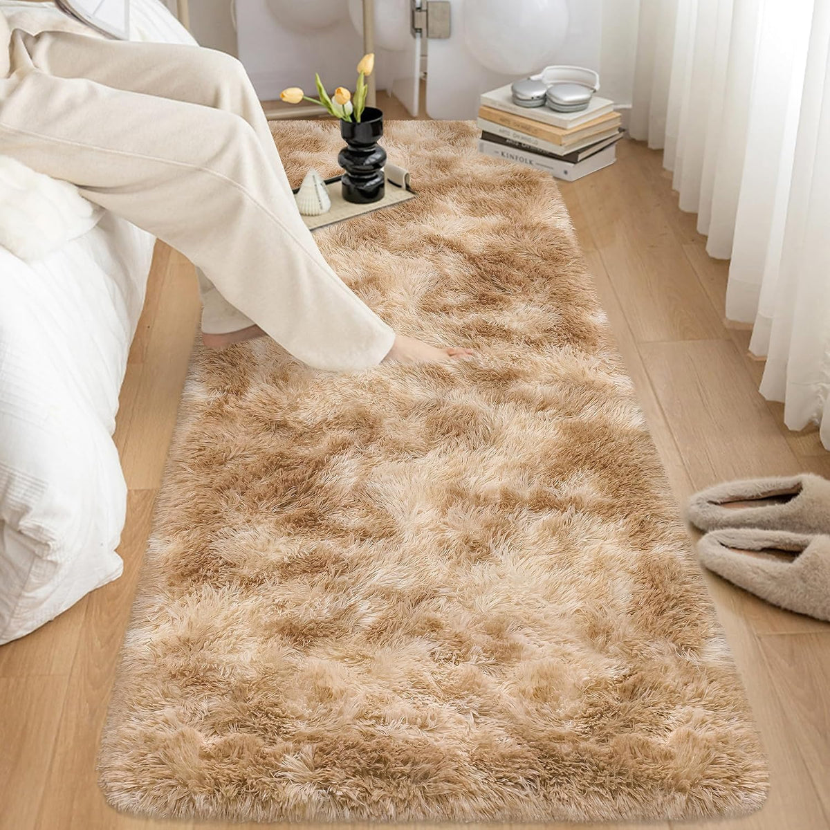 Soft Fluffy Beige Runner Rug for Bedroom, Bedside Long Rug Runner