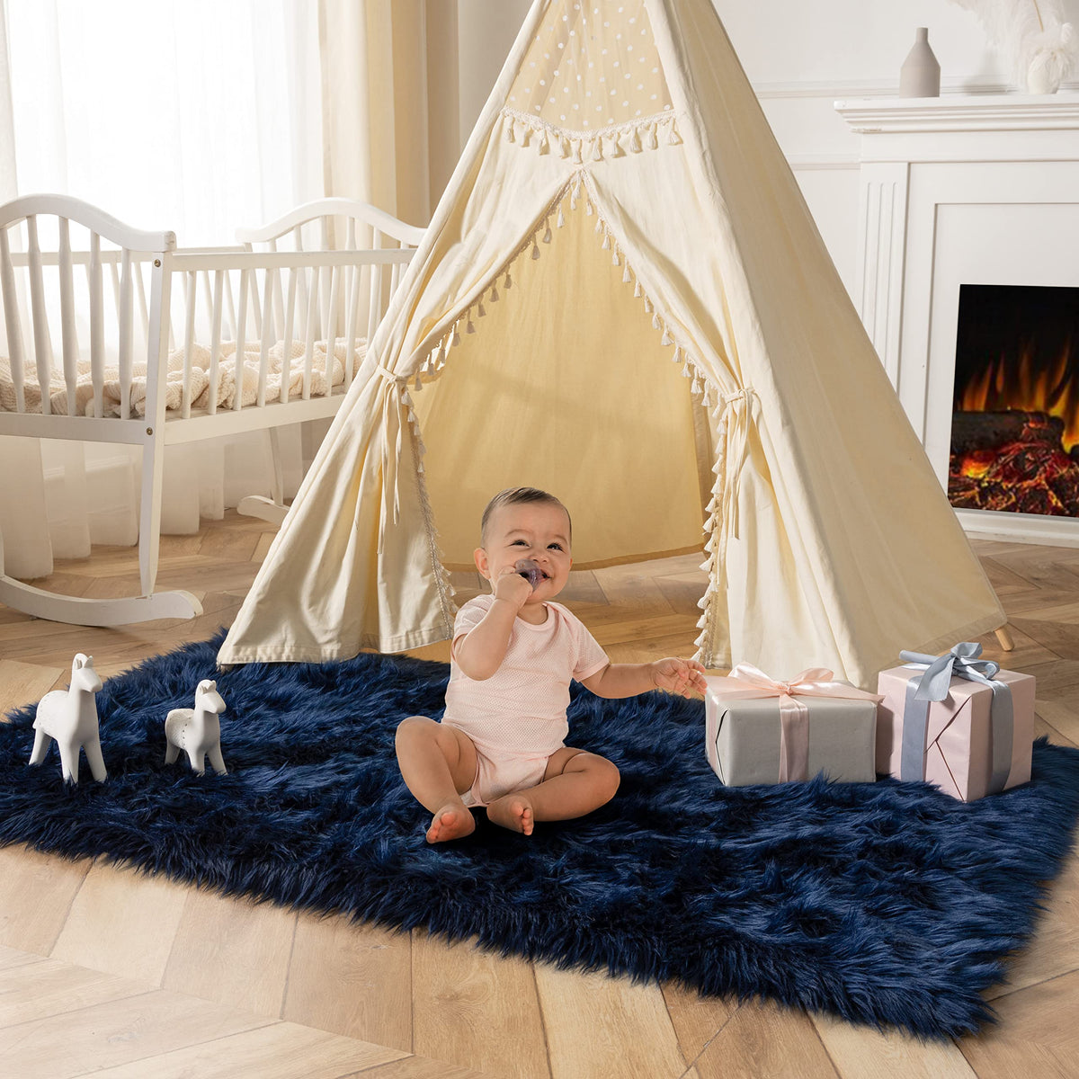 Ashler Faux Fur Rug, White, 2x3 Ft, Machine Washable