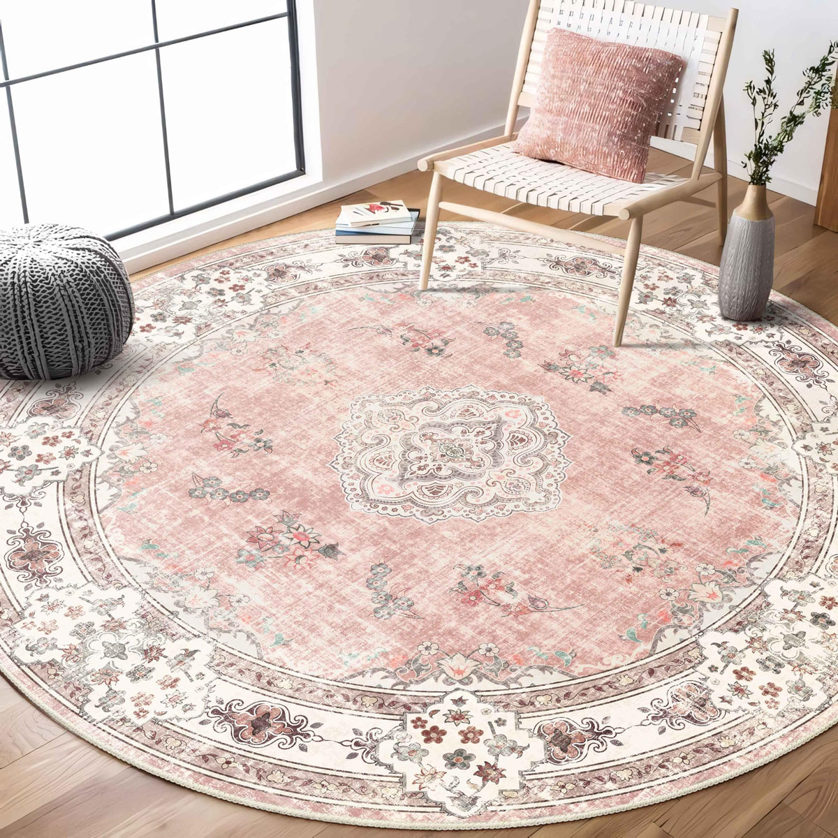 MUJOO Pink Rug 3x5 Washable,Boho Area Rugs Small Non Slip Low-Pile Floral