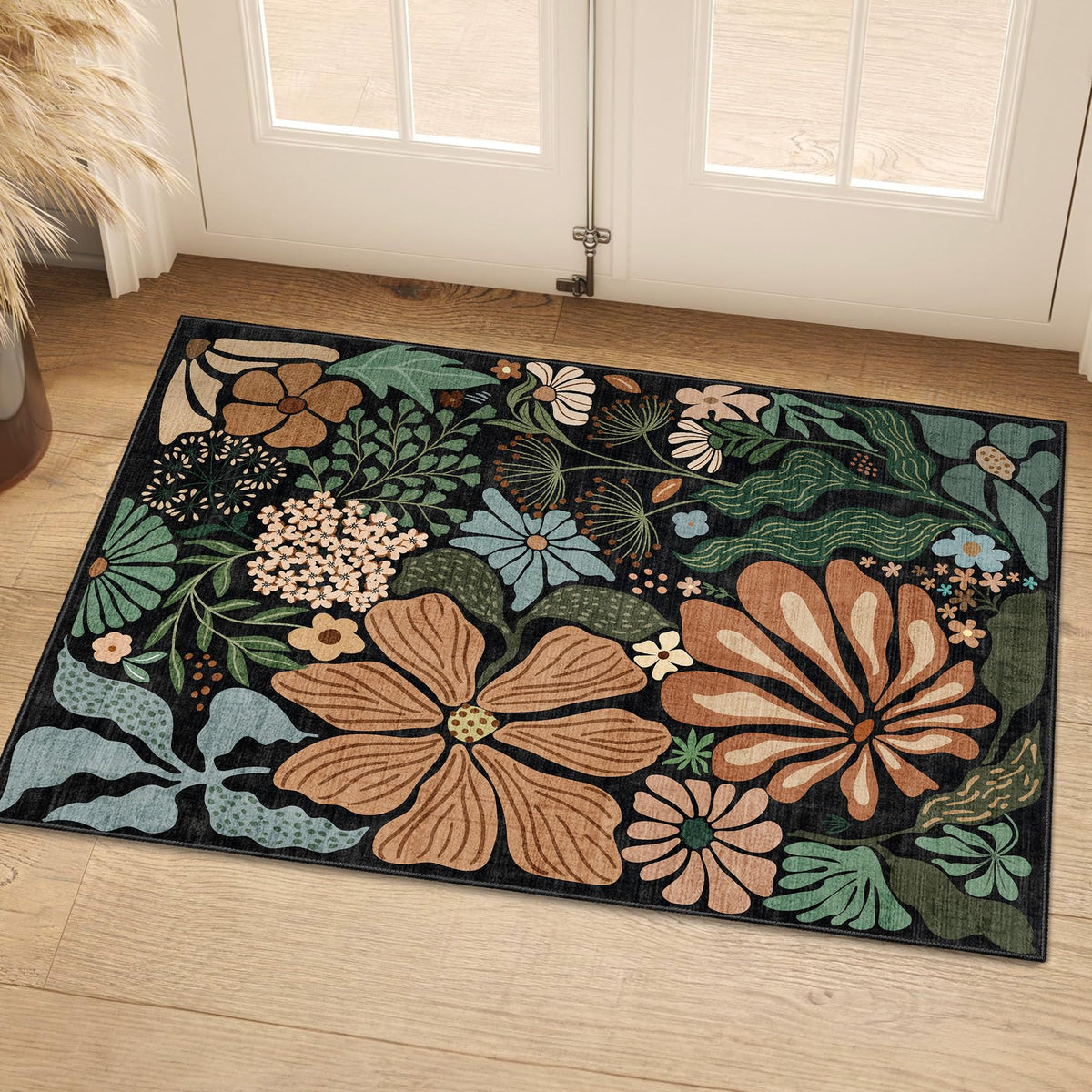MUJOO Pink Washable 2x6 Runner Rugs Floral Area Rugs Non Slip Low-Pile