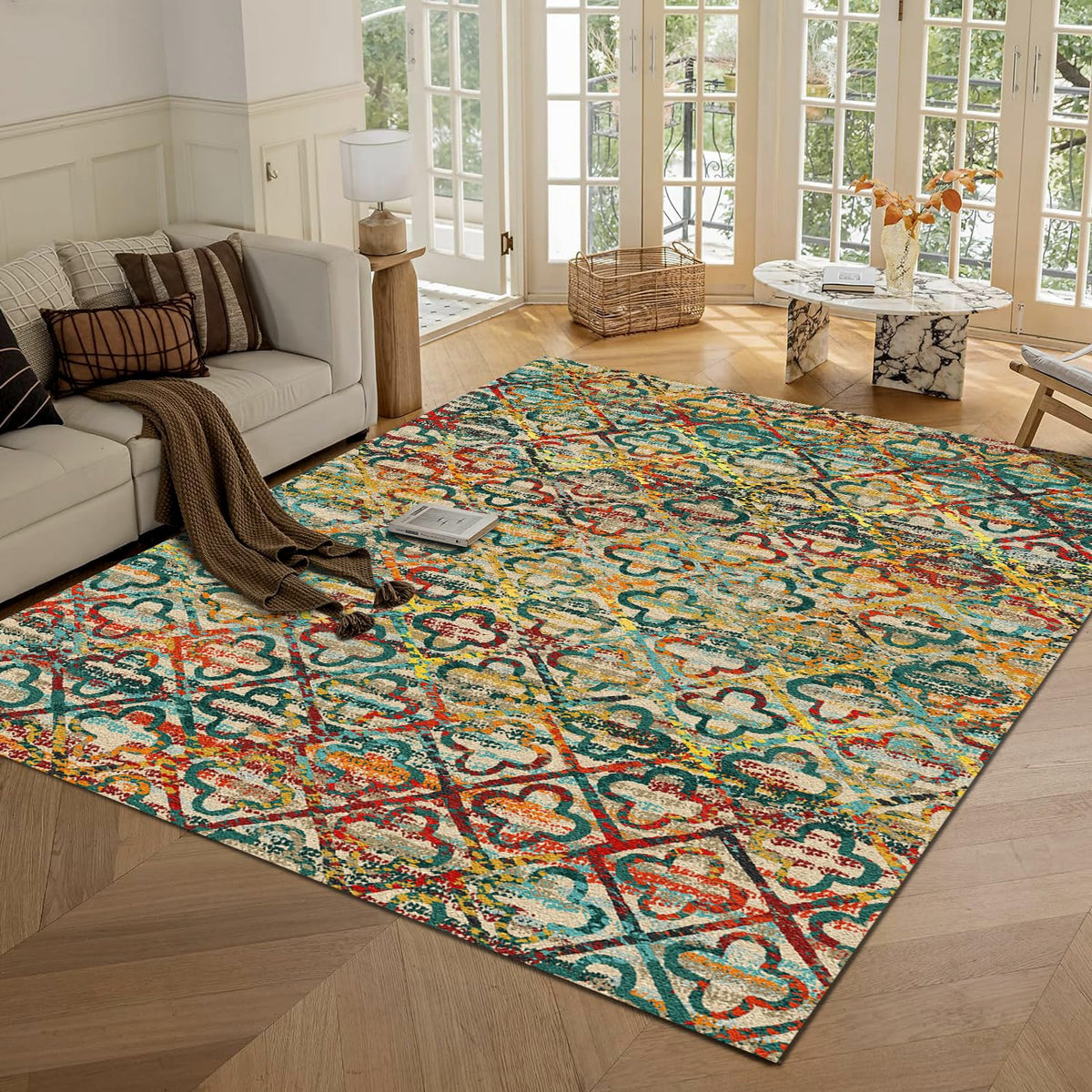 RUGSURE Washable Area Rugs - Perfect for Living Room, Bedroom, Kids Room, Nursery - Stain & Water Resistant Non-Slip, Pet & Child Friendly, Vintage Tribal Area Rugs (Green, 3' x 5 ')