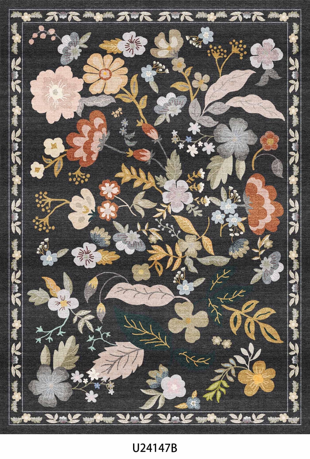 2x4 Rug Washable for Entryway - Non-Slip Scalloped Floral Throw Rug Black