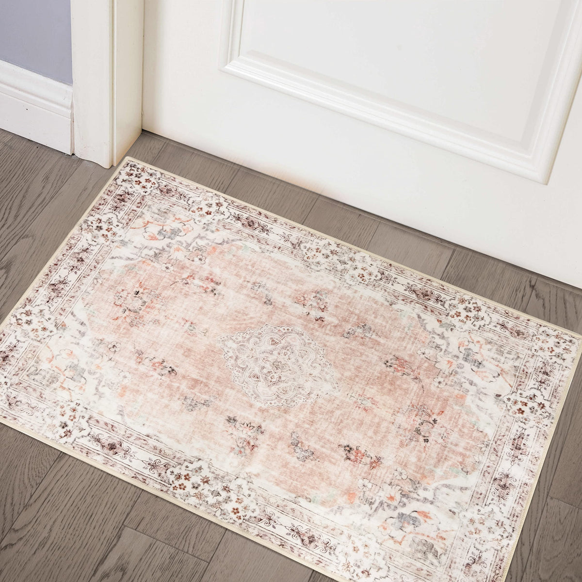 MUJOO Pink Rug 3x5 Washable,Boho Area Rugs Small Non Slip Low-Pile Floral