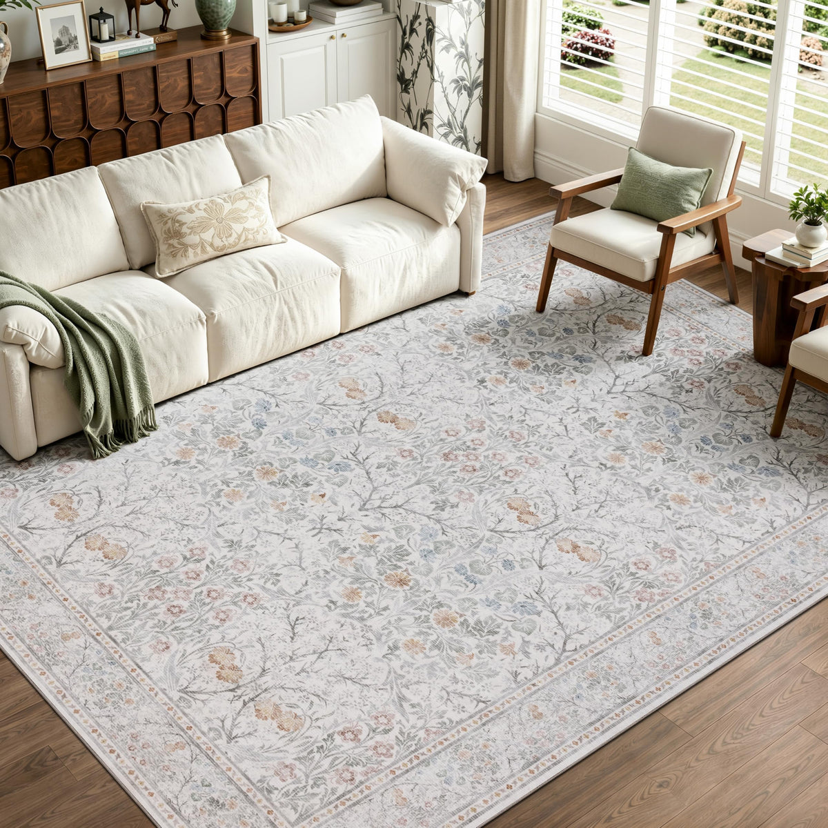 JOLLYVOGUE Entryway Rug, 2x3 Washable Vintage Floral Rug, Beige