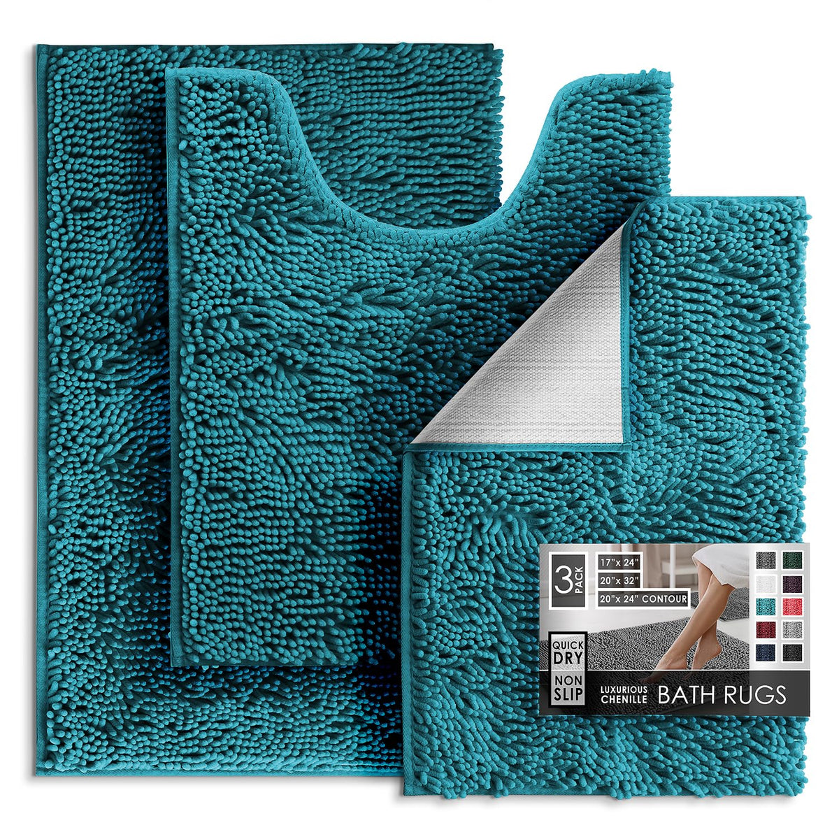 Hearth & Harbor Bathroom Rugs, Chenille Bath Mat - Machine Washable Bath Mats for Bathroom Non-Slip Backing Rubber, Quick Dry Bathroom Mat, 17 x 24 + 20 x 32 - Hunter Green