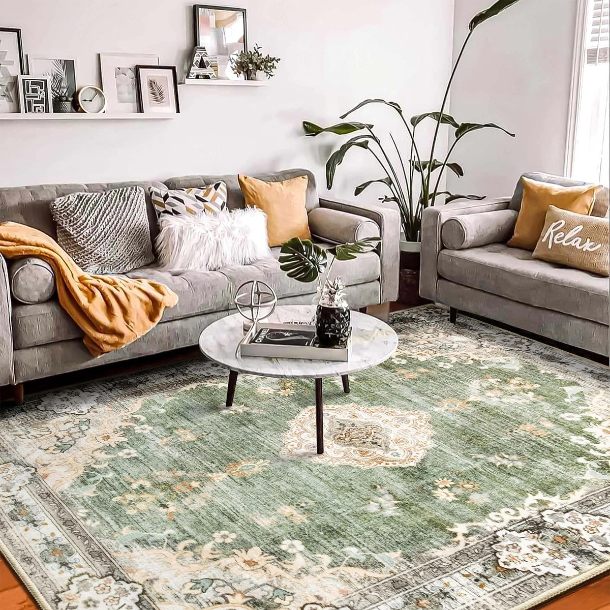MUJOO Pink Rug 3x5 Washable,Boho Area Rugs Small Non Slip Low-Pile Floral