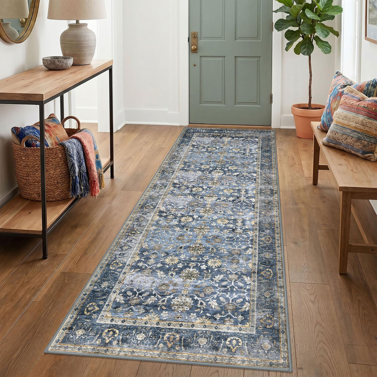 KUTA Vintage Floral Washable 2x3 Rugs for Entryway Blue Grey Beige