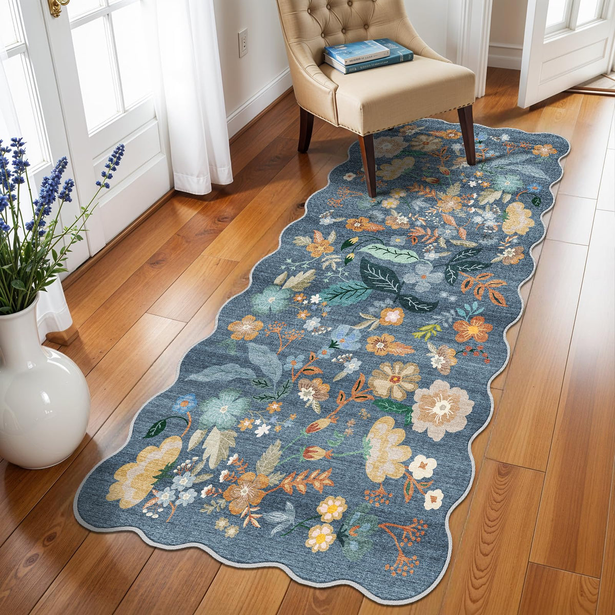 2x4 Rug Washable for Entryway - Non-Slip Scalloped Floral Throw Rug Black