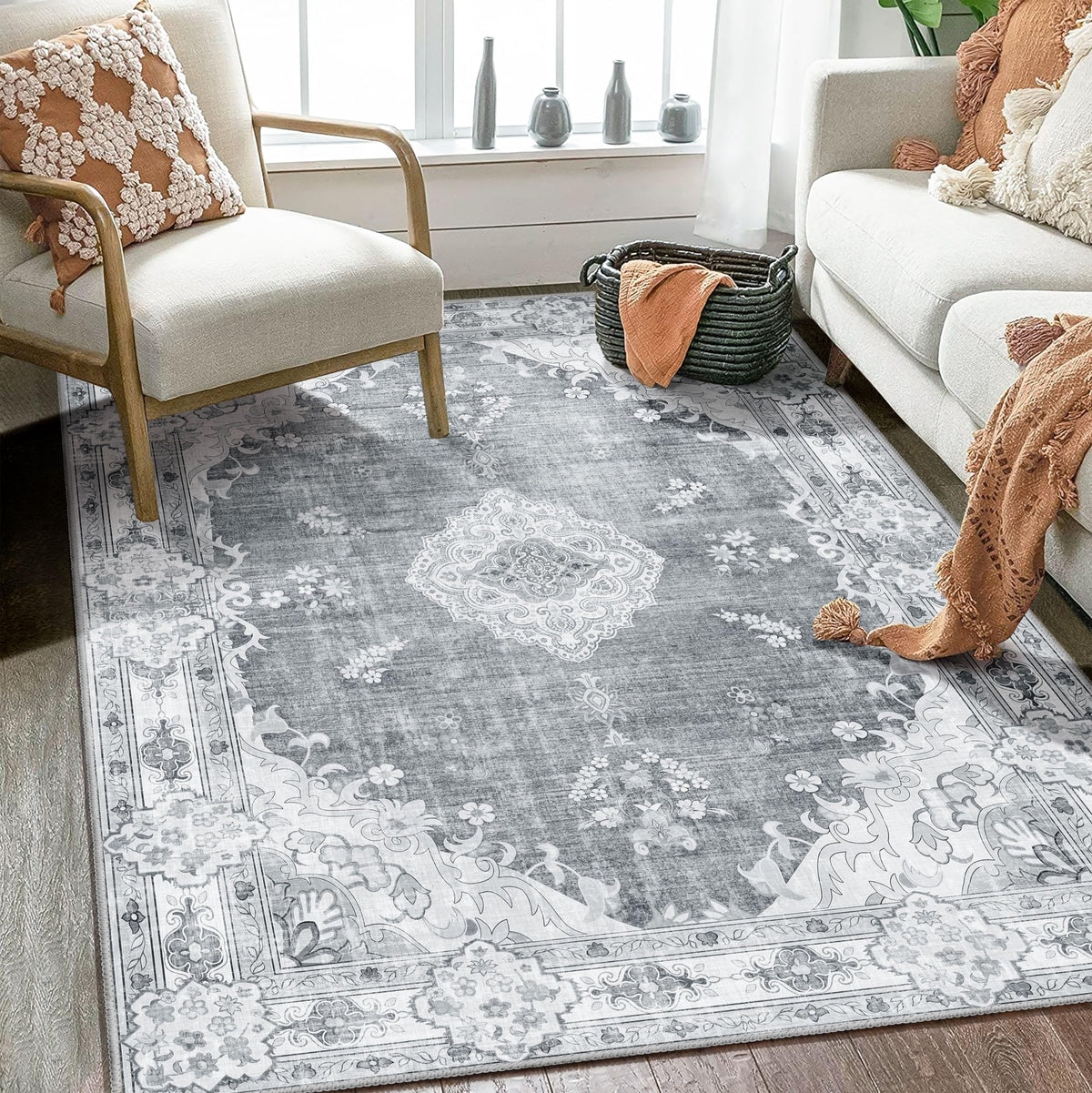 MUJOO Pink Rug 3x5 Washable,Boho Area Rugs Small Non Slip Low-Pile Floral
