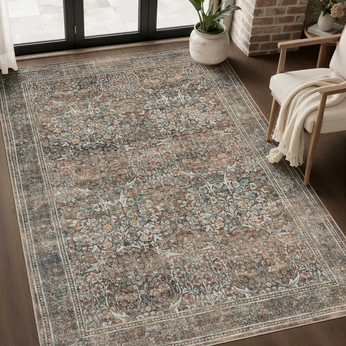 JOLLYVOGUE Entryway Rug, 2x3 Washable Vintage Floral Rug, Beige