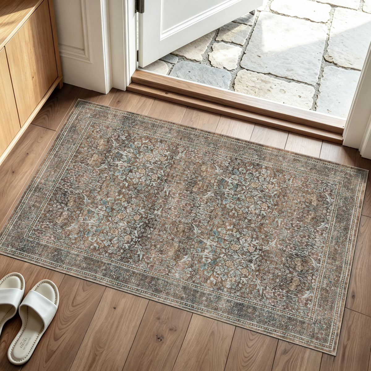 JOLLYVOGUE Entryway Rug, 2x3 Washable Vintage Floral Rug, Beige
