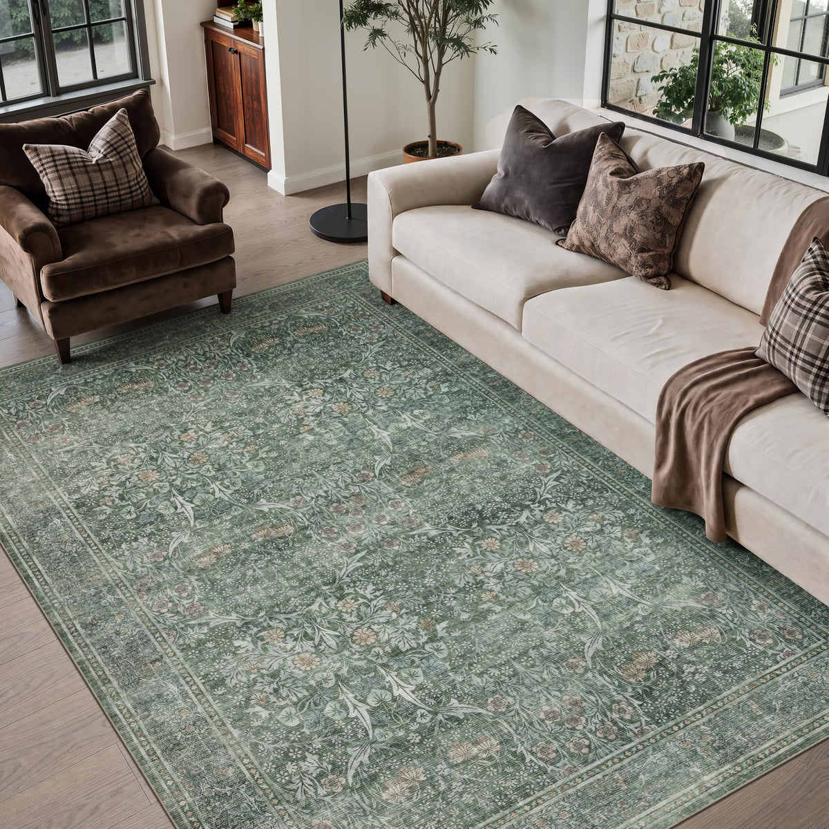 JOLLYVOGUE Entryway Rug, 2x3 Washable Vintage Floral Rug, Beige