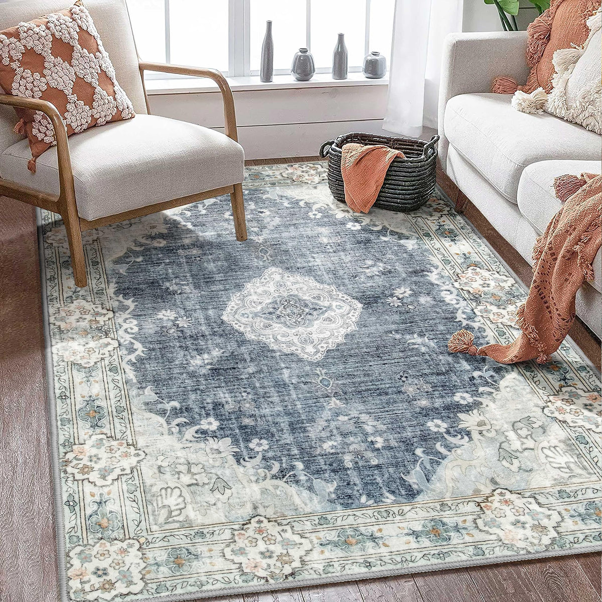 MUJOO Pink Rug 3x5 Washable,Boho Area Rugs Small Non Slip Low-Pile Floral