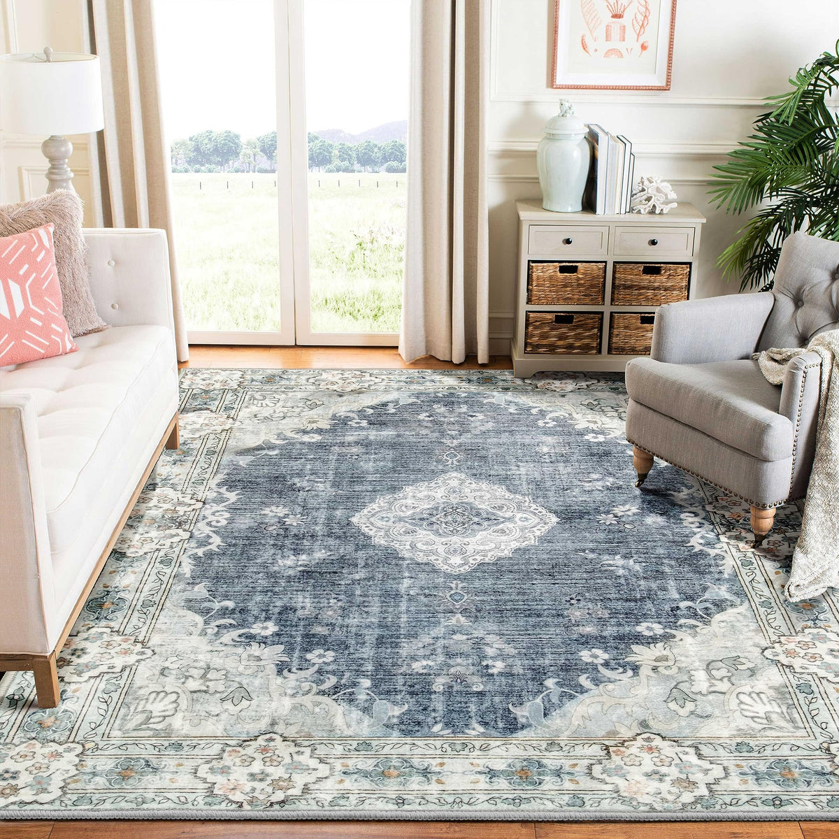 MUJOO Pink Rug 3x5 Washable,Boho Area Rugs Small Non Slip Low-Pile Floral