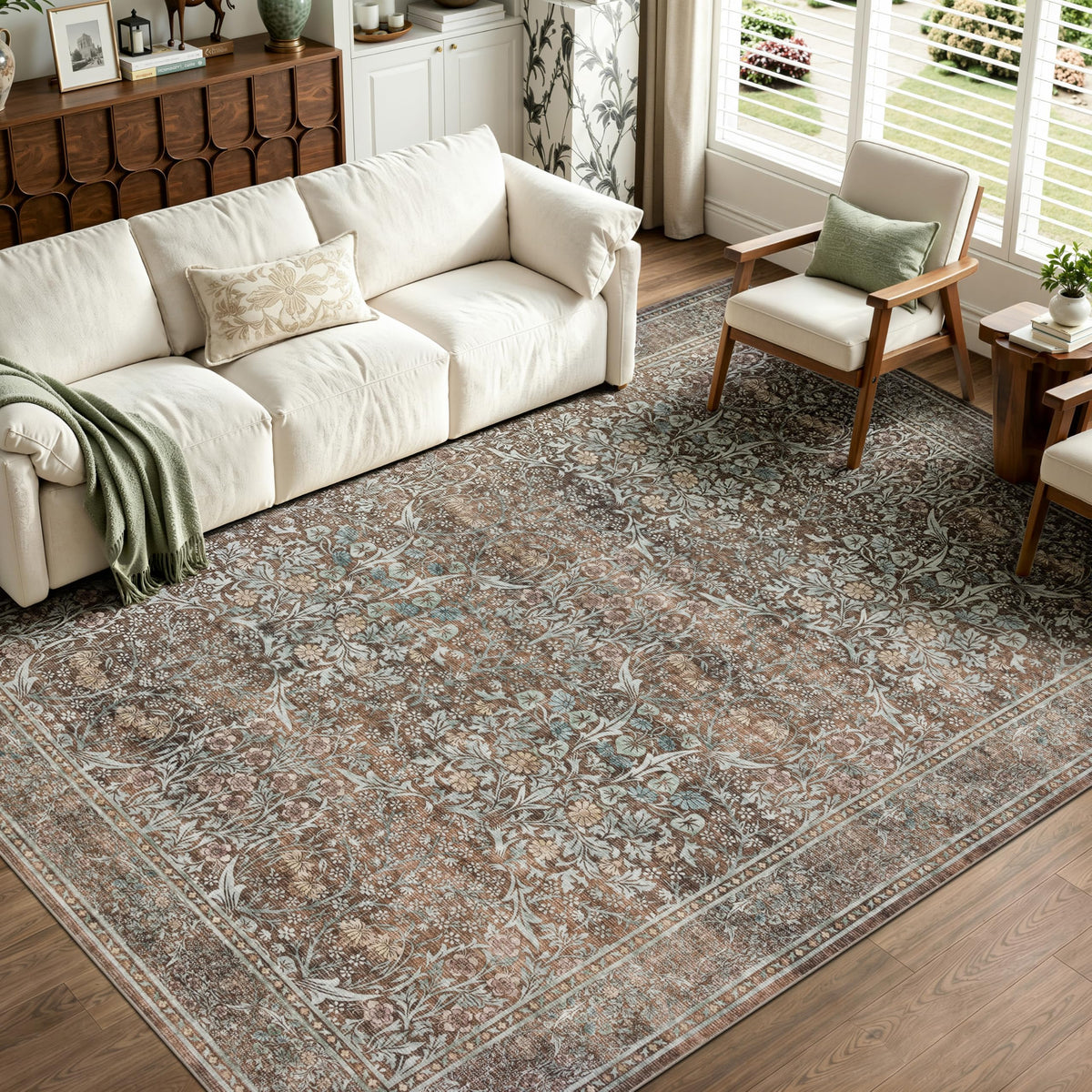JOLLYVOGUE Entryway Rug, 2x3 Washable Vintage Floral Rug, Beige