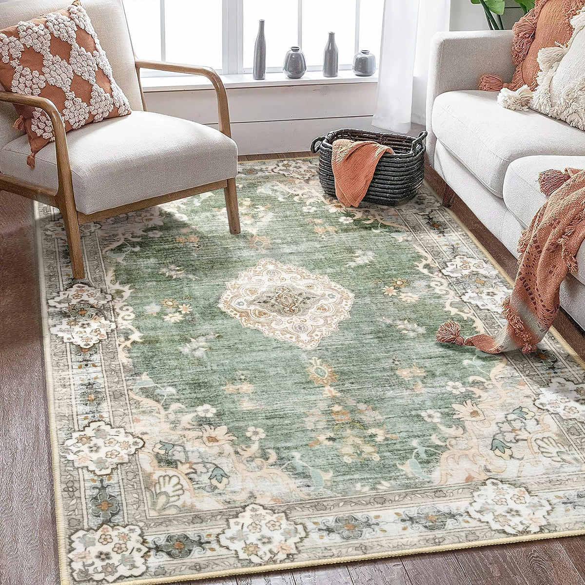MUJOO Pink Rug 3x5 Washable,Boho Area Rugs Small Non Slip Low-Pile Floral