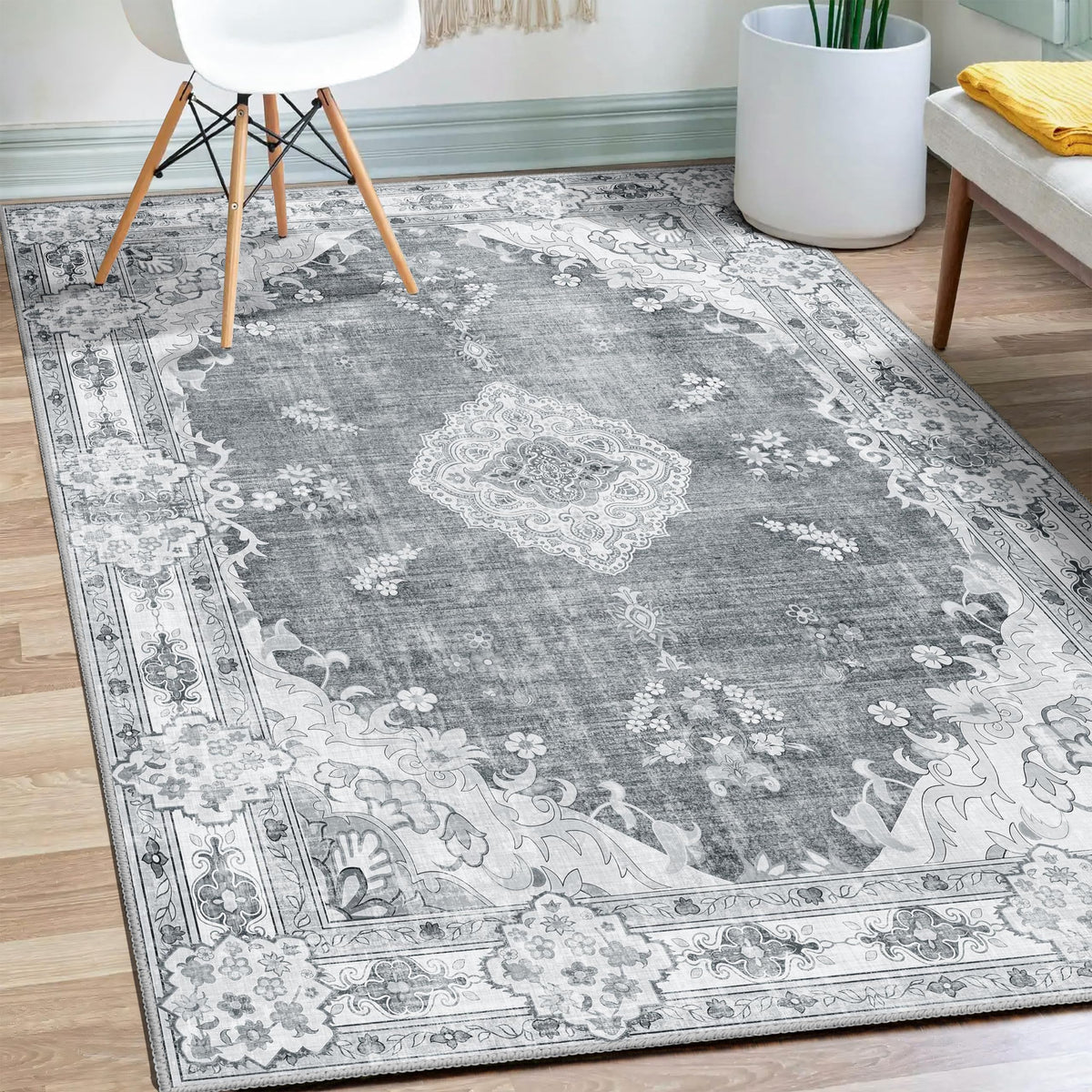 MUJOO Pink Rug 3x5 Washable,Boho Area Rugs Small Non Slip Low-Pile Floral
