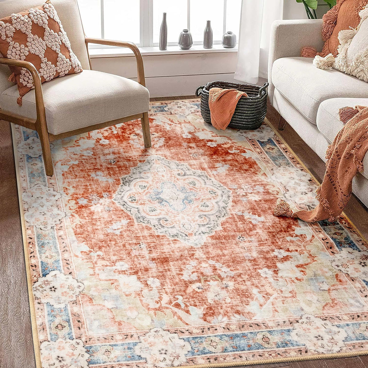 MUJOO Pink Rug 3x5 Washable,Boho Area Rugs Small Non Slip Low-Pile Floral