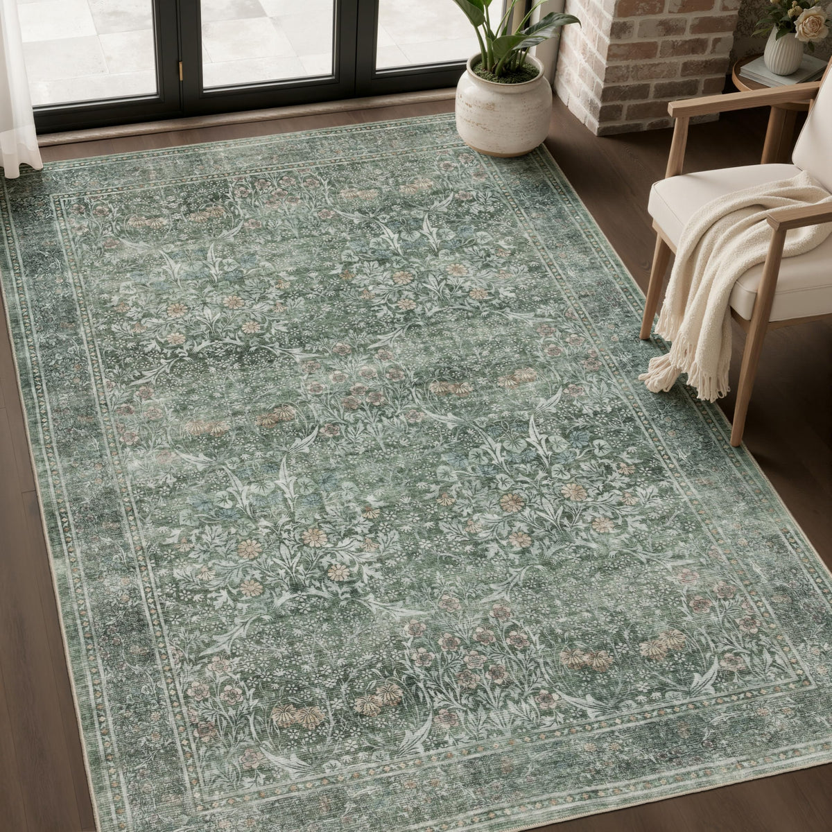 JOLLYVOGUE Entryway Rug, 2x3 Washable Vintage Floral Rug, Beige