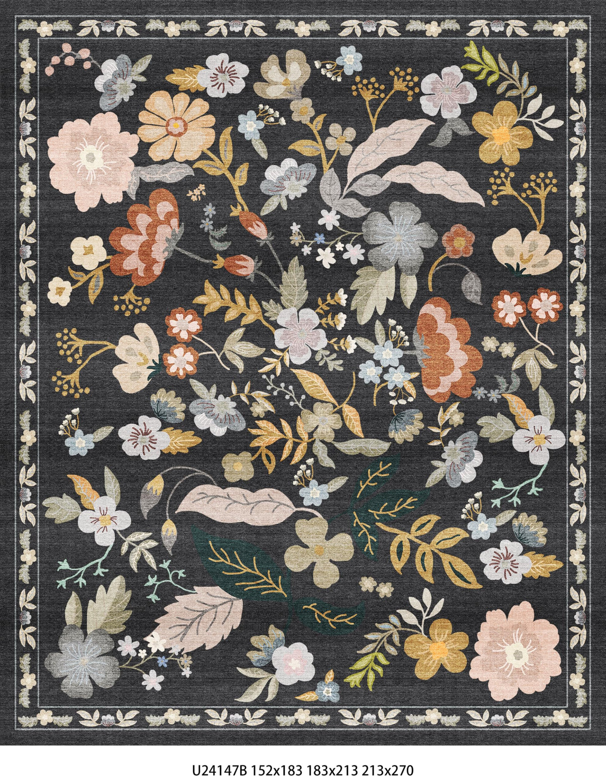 2x4 Rug Washable for Entryway - Non-Slip Scalloped Floral Throw Rug Black