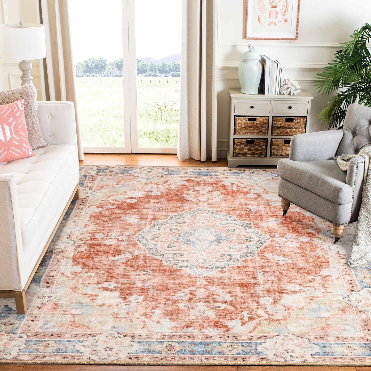 MUJOO Pink Rug 3x5 Washable,Boho Area Rugs Small Non Slip Low-Pile Floral