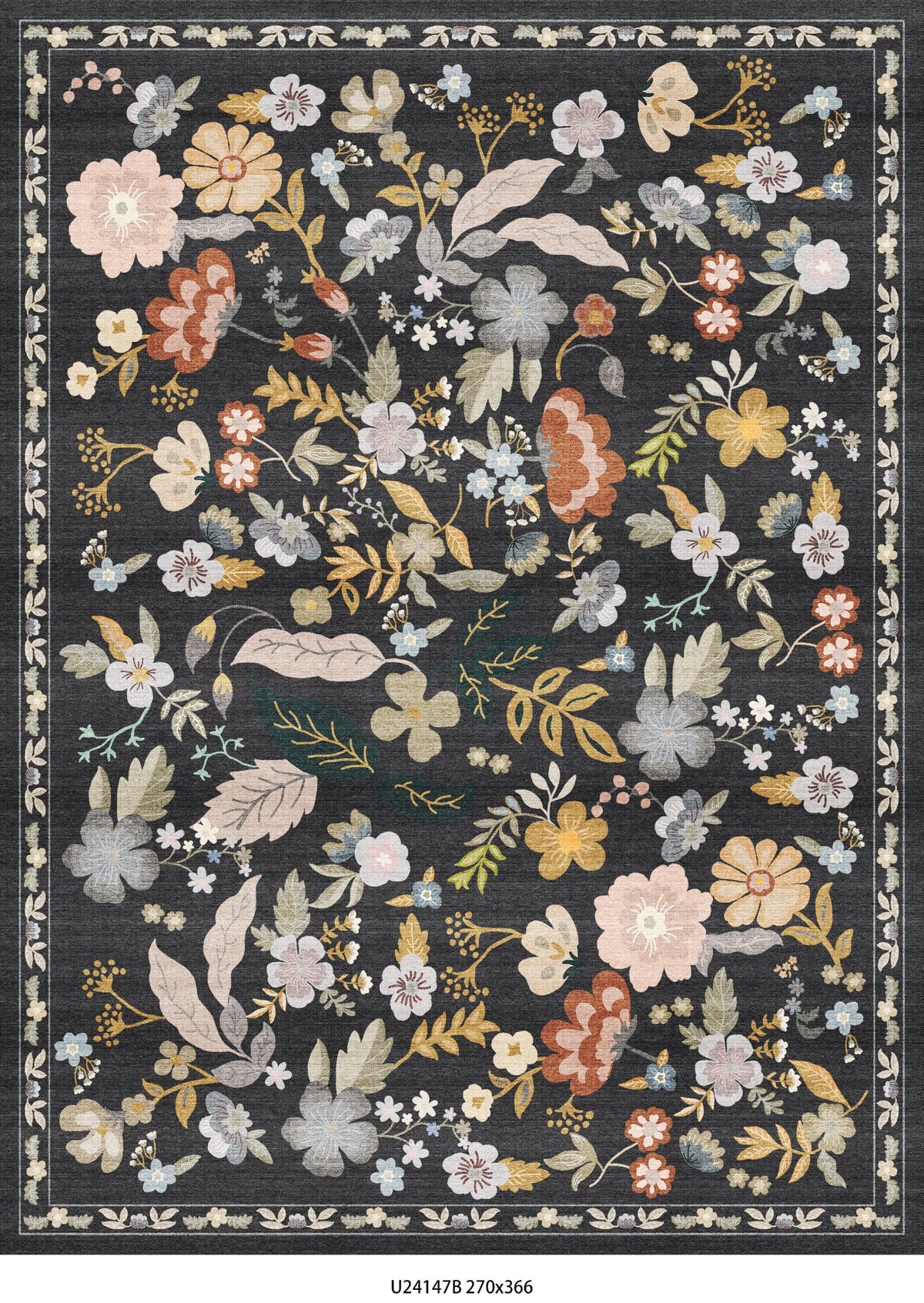 2x4 Rug Washable for Entryway - Non-Slip Scalloped Floral Throw Rug Black