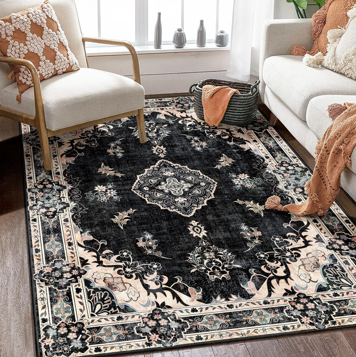 MUJOO Pink Rug 3x5 Washable,Boho Area Rugs Small Non Slip Low-Pile Floral