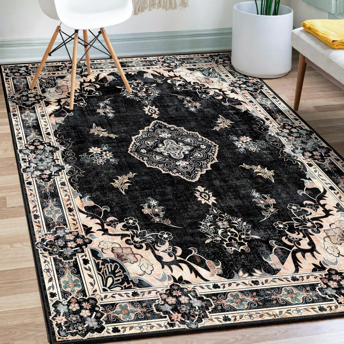 MUJOO Pink Rug 3x5 Washable,Boho Area Rugs Small Non Slip Low-Pile Floral