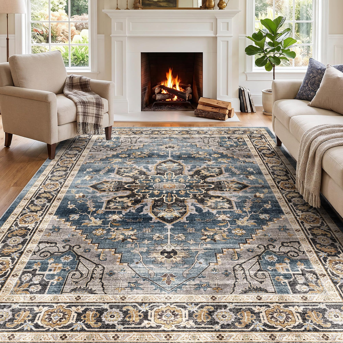2x3 Washable Entryway Area Rug - Non-Slip Boho Throw Rugs Beige Gray