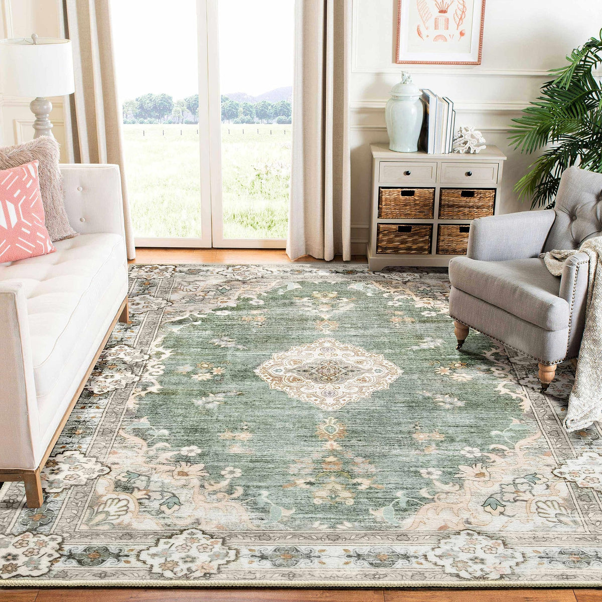 MUJOO Pink Rug 3x5 Washable,Boho Area Rugs Small Non Slip Low-Pile Floral