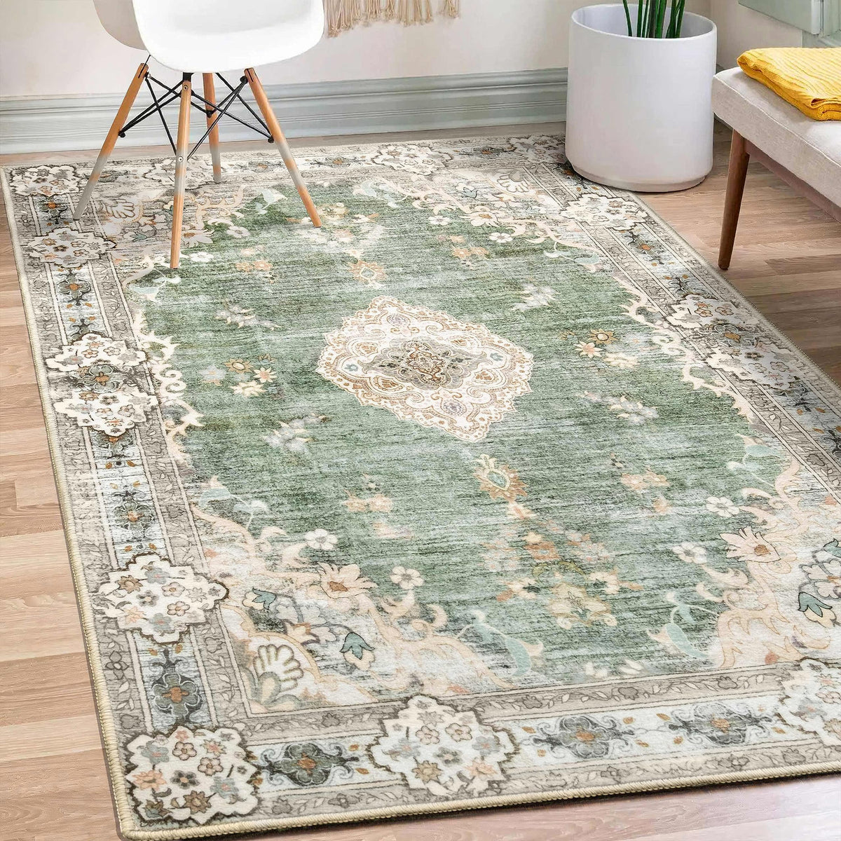 MUJOO Pink Rug 3x5 Washable,Boho Area Rugs Small Non Slip Low-Pile Floral