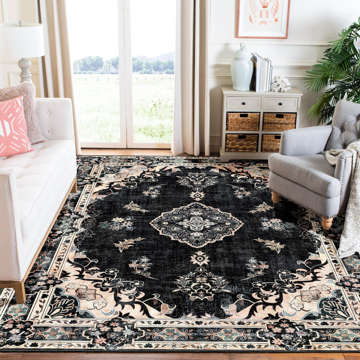 MUJOO Pink Rug 3x5 Washable,Boho Area Rugs Small Non Slip Low-Pile Floral