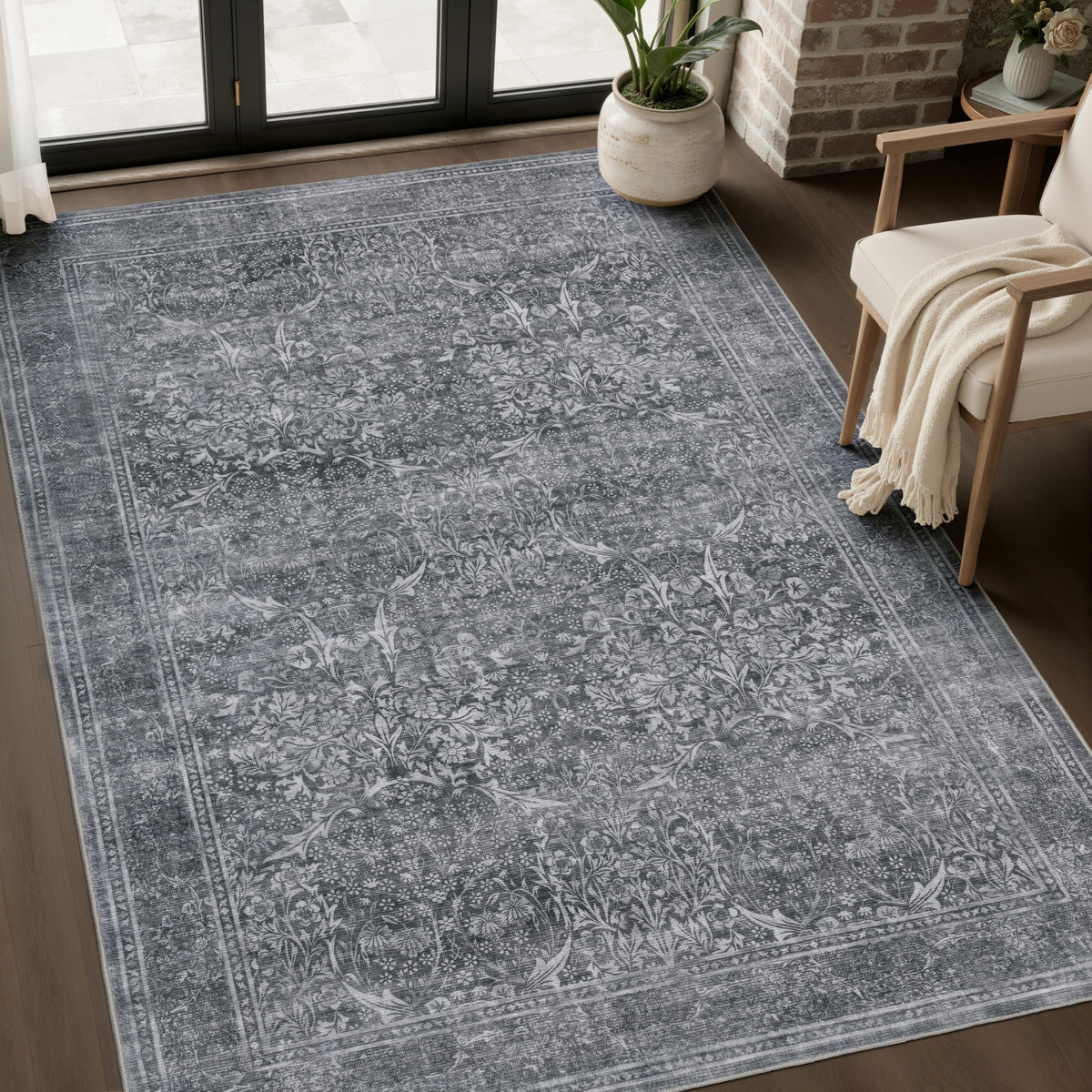 JOLLYVOGUE Entryway Rug, 2x3 Washable Vintage Floral Rug, Beige