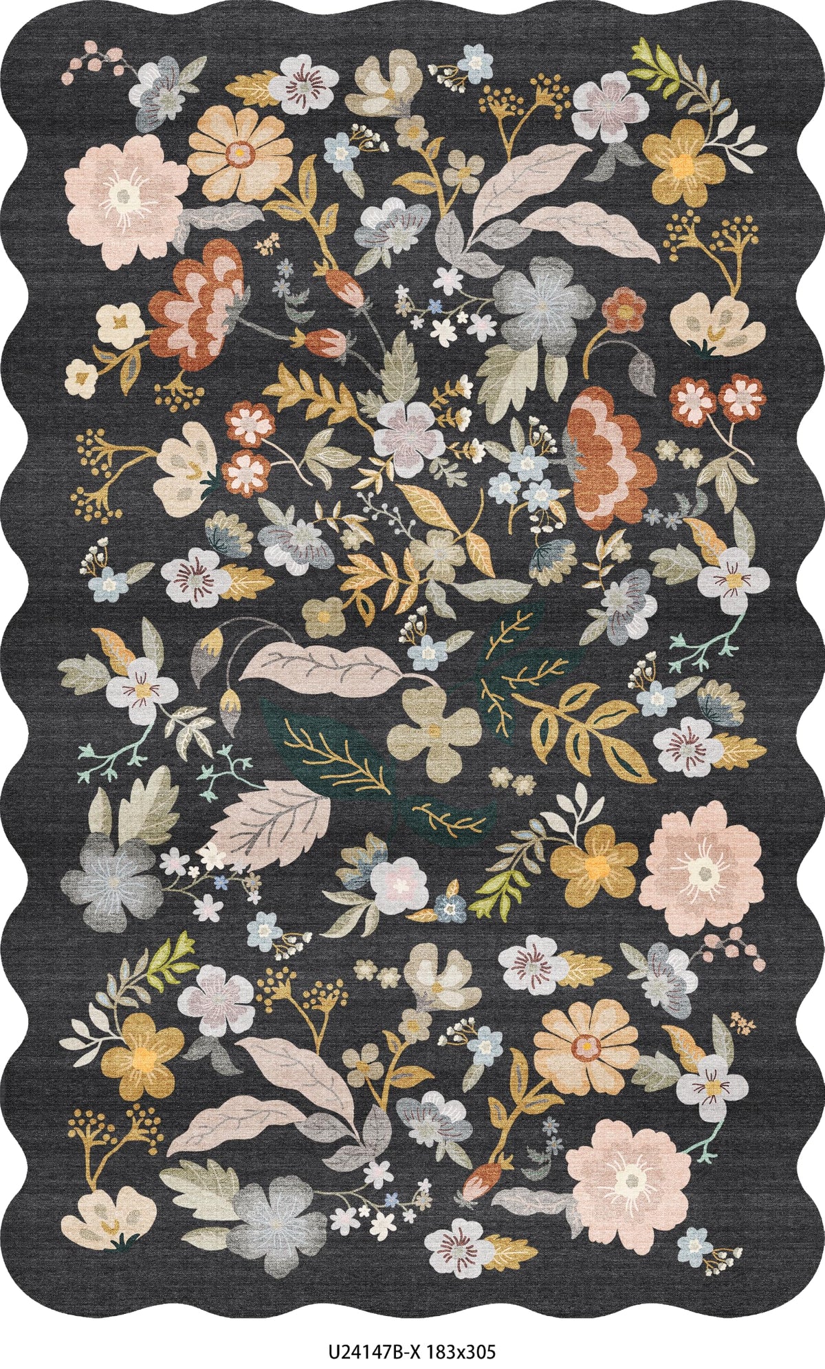 2x4 Rug Washable for Entryway - Non-Slip Scalloped Floral Throw Rug Black