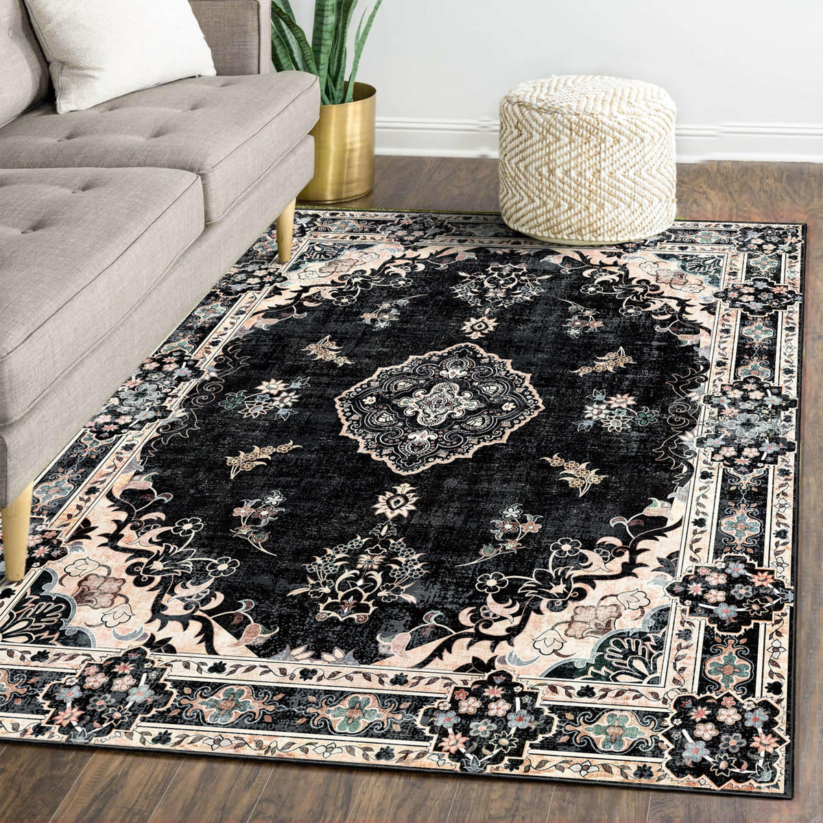 MUJOO Pink Rug 3x5 Washable,Boho Area Rugs Small Non Slip Low-Pile Floral