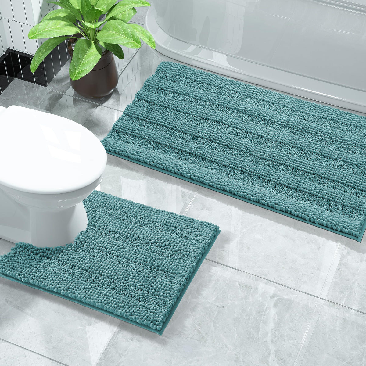 Yimobra Bathroom Rug Set 2 Piece, Absorbent Bath Mat Set, 32x20+24x17, Gray