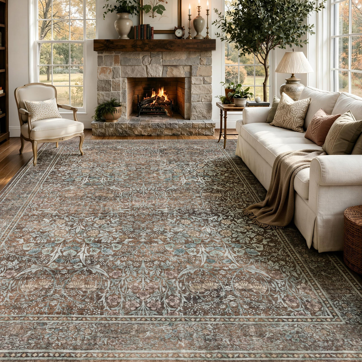 JOLLYVOGUE Entryway Rug, 2x3 Washable Vintage Floral Rug, Beige