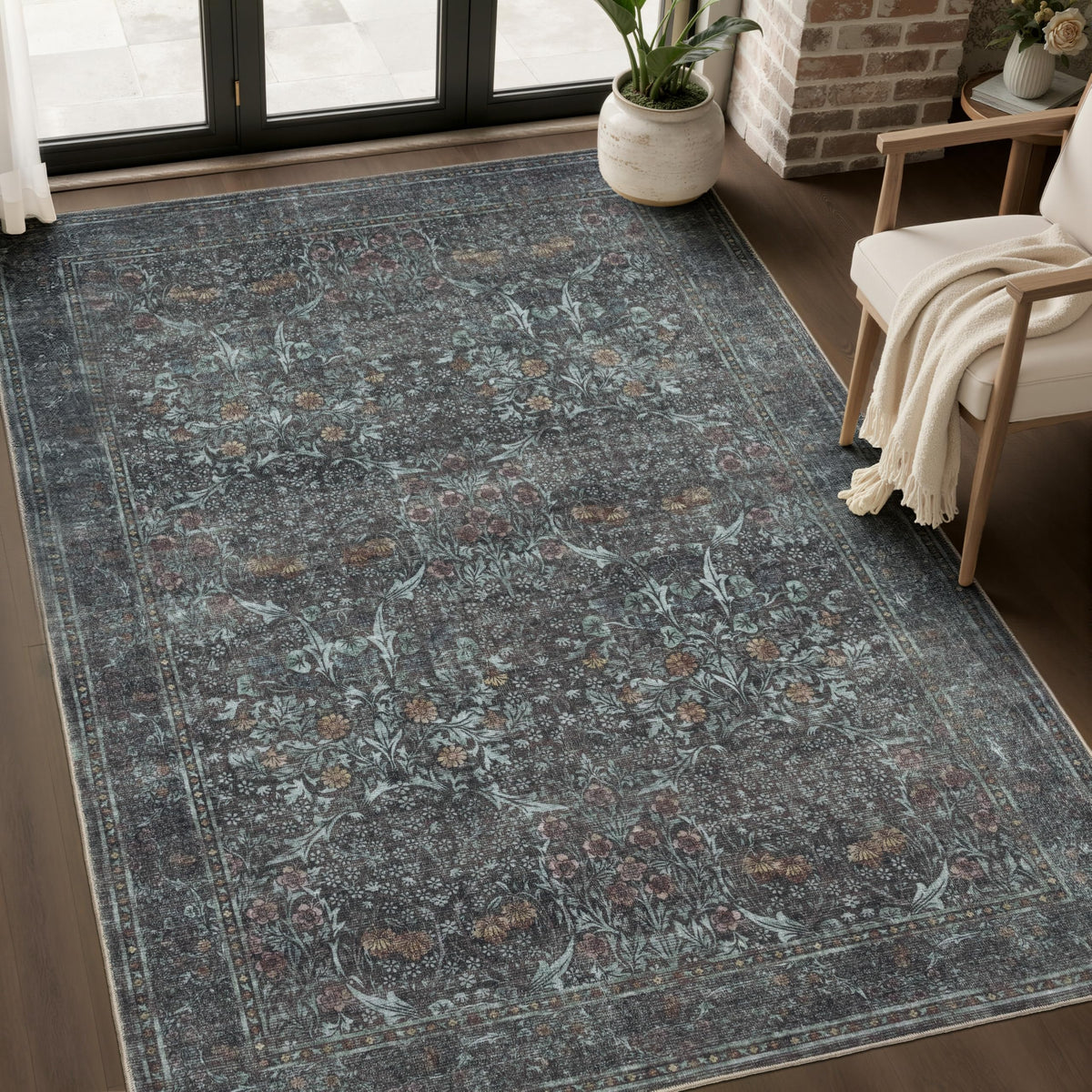 JOLLYVOGUE Entryway Rug, 2x3 Washable Vintage Floral Rug, Beige