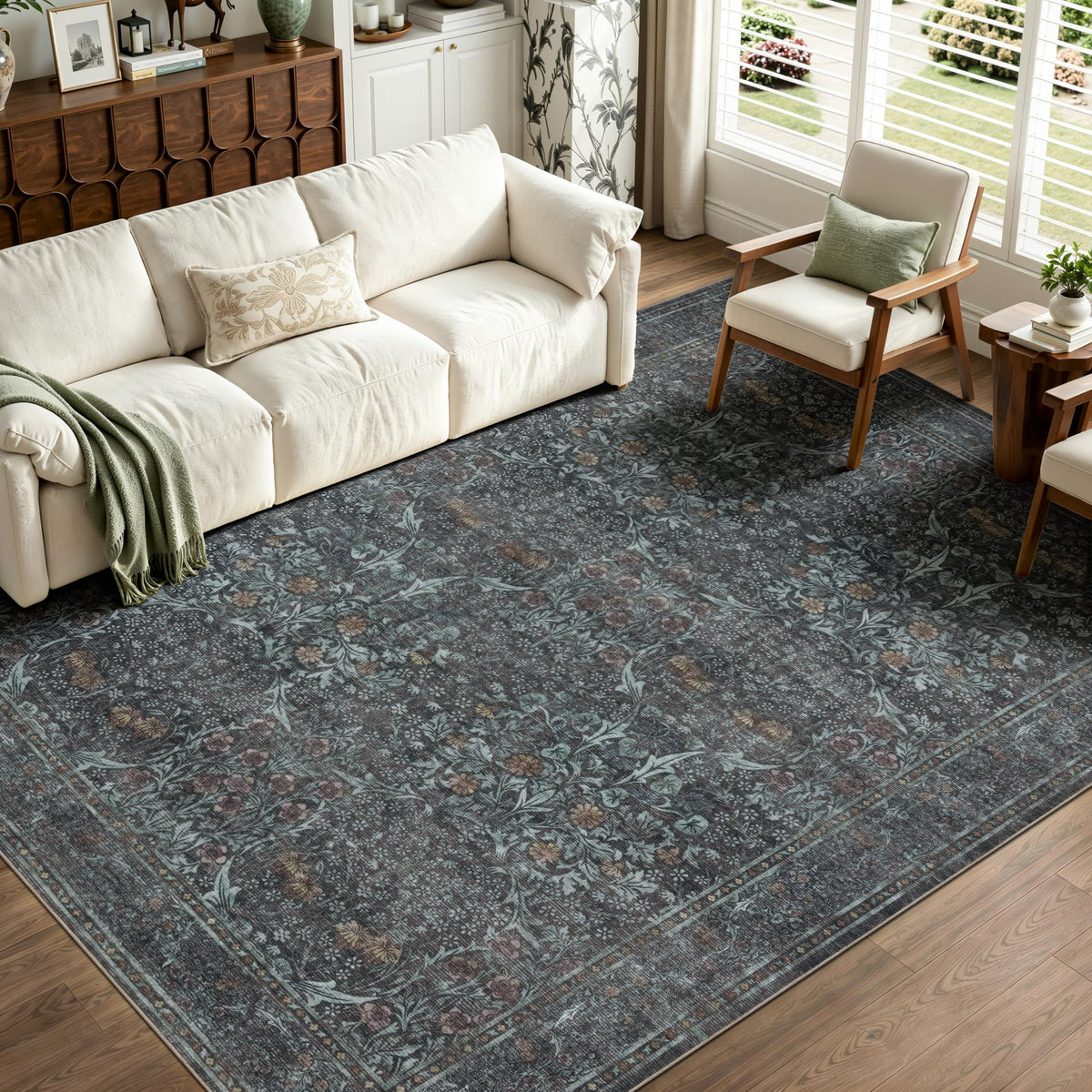 JOLLYVOGUE Entryway Rug, 2x3 Washable Vintage Floral Rug, Beige