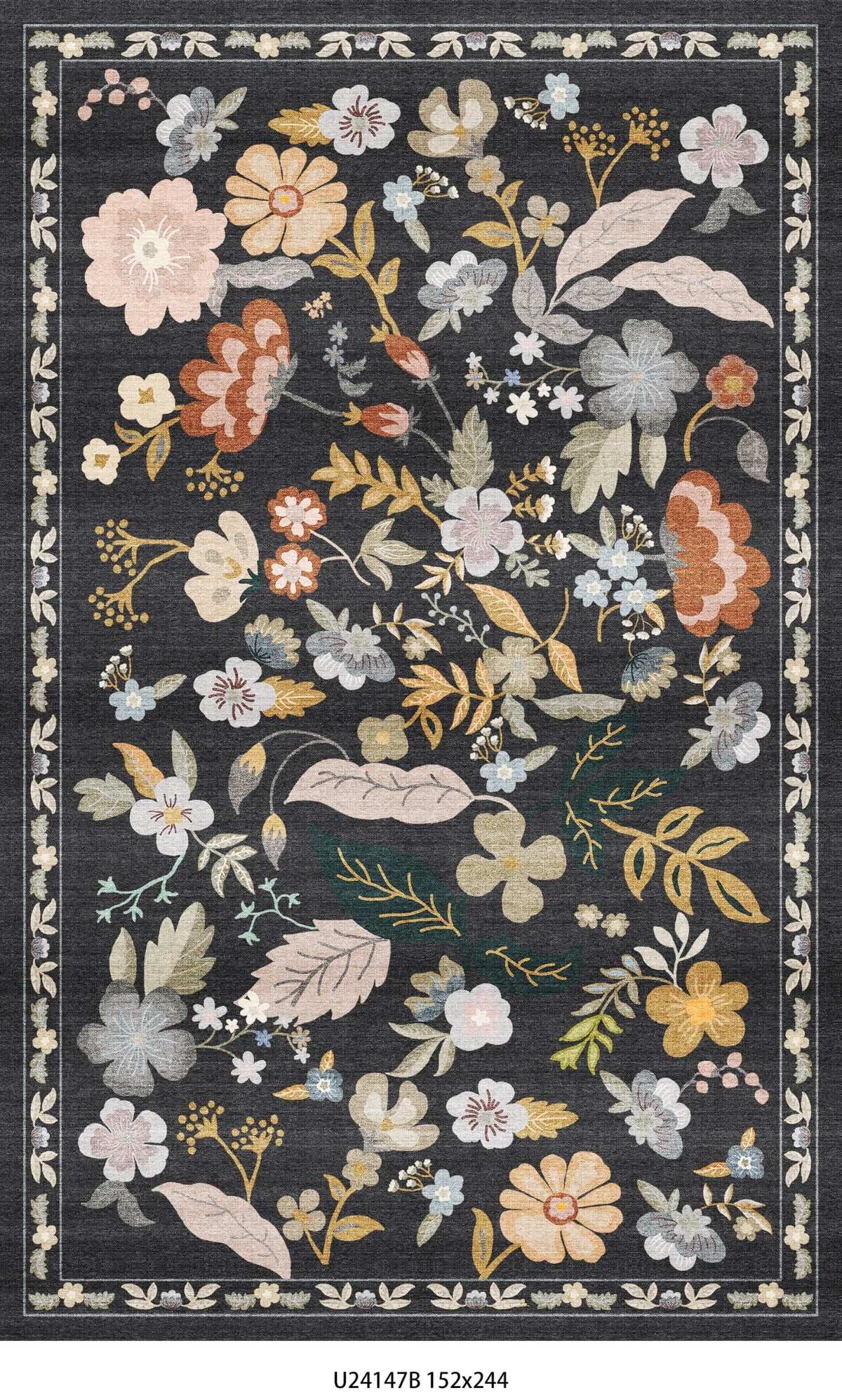 2x4 Rug Washable for Entryway - Non-Slip Scalloped Floral Throw Rug Black